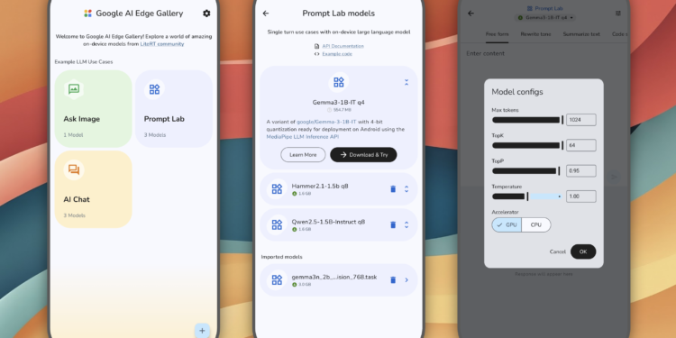 واجهة تطبيق Google AI Edge Gallery على الهاتف لتشغيل نماذج الذكاء الاصطناعي محليًا